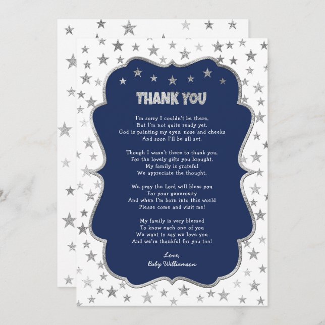 Twinkle silver stars navy boy thank you note invitation (Front/Back)