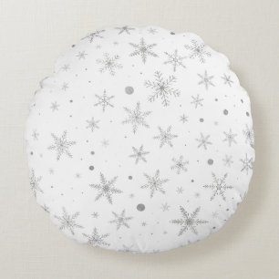 Twinkle Snowflake -Silver Grey & White- Round Cushion