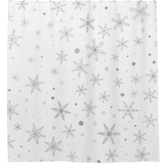 Twinkle Snowflake -Silver Grey & White- Shower Curtain (Front)