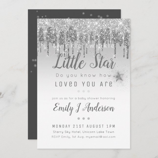 TWINKLE STAR Baby Shower Silver Grey Glitter Invitation (Front/Back)