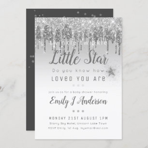 TWINKLE STAR Baby Shower Silver Grey Glitter Invitation