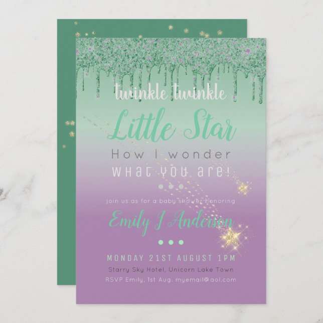 TWINKLE STAR Green Purple Drip Glitter Baby Gender Invitation (Front/Back)