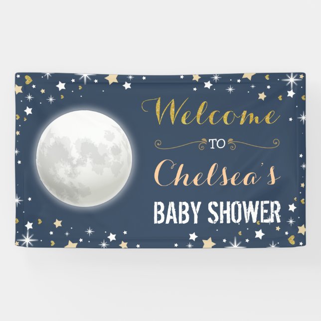  Twinkle Star Navy Gold Moon Baby Shower Backdrop Banner (Horizontal)