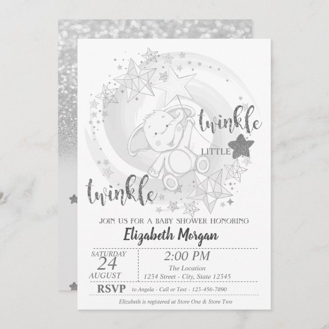 Twinkle Star Silver Glitter,Bear Baby Shower Invitation (Front/Back)
