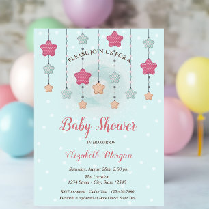 Twinkle Stars Gender Reveal Blue Dots Baby Shower Invitation