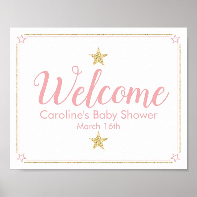 Twinkle Twinkle Baby Shower Welcome Sign pink gold (Front)