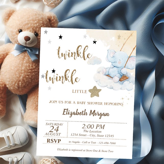 Twinkle Twinkle Blue Bear Moon Stars Baby Shower Invitation (Creator Uploaded)