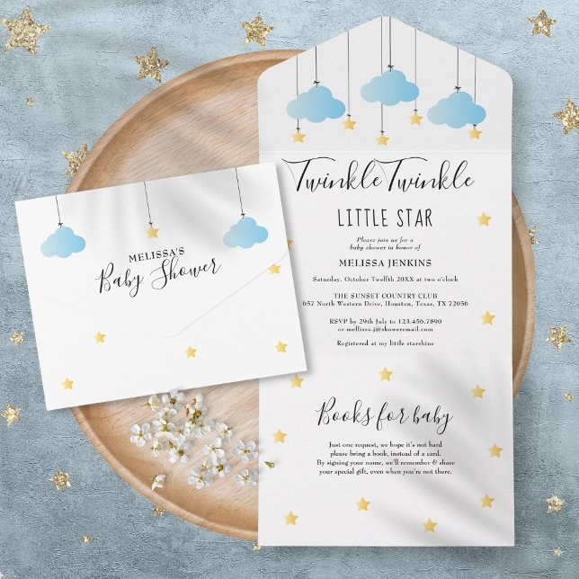 Twinkle Twinkle Blue Clouds Gold Stars Baby Shower All In One Invitation (Twinkle Twinkle Blue Clouds Gold Stars Baby Shower All In One Invitation)