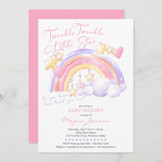 Twinkle Twinkle Cute Rainbow Pink Girl Baby Shower Invitation (Front/Back)