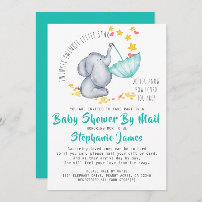 Twinkle Twinkle Elephant Baby Shower by Mail Invitation (Front/Back)