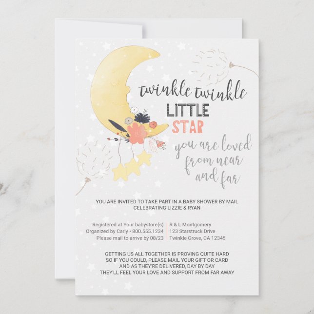 Twinkle Twinkle Floral Moon Baby Shower by Mail Invitation (Front)