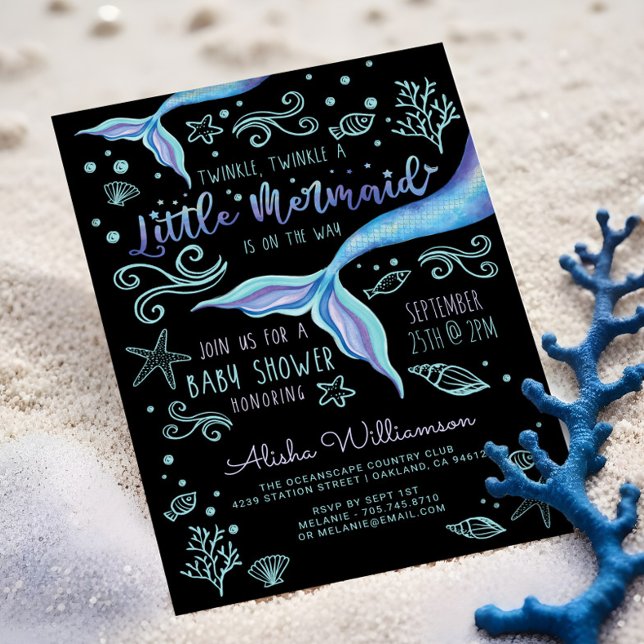 Twinkle Twinkle Iridescent Ocean Mermaid Black Invitation (Twinkle Twinkle Iridescent Ocean Mermaid Black Invitation)