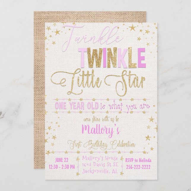 Twinkle Twinkle Little Star 1st B’day Invitation (Front/Back)