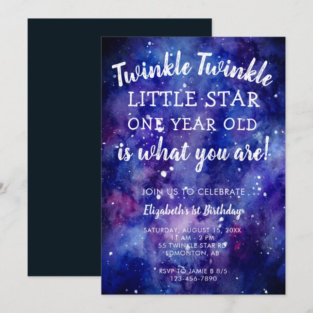 Twinkle Twinkle Little Star 1st Birthday Galaxy In Invitation (Front/Back)