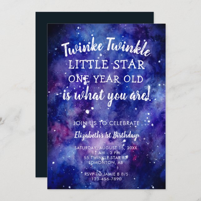 Twinkle Twinkle Little Star 1st Birthday Galaxy Invitation (Front/Back)