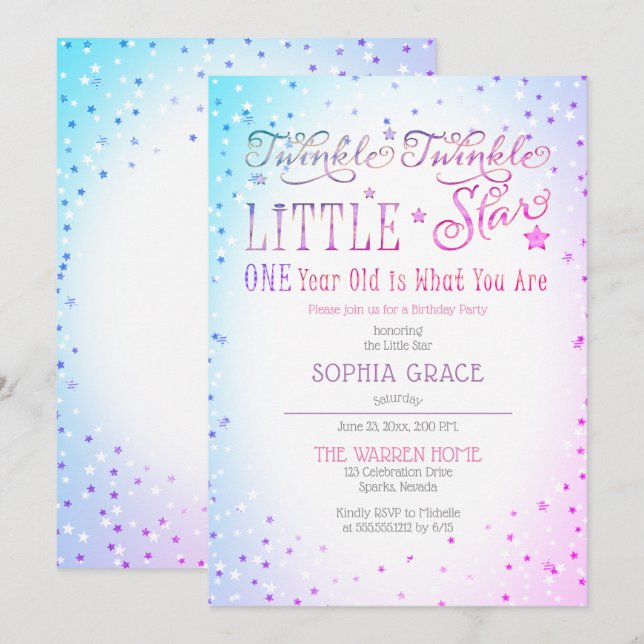 Twinkle Twinkle Little Star 1st Birthday Party Invitation (Front/Back)