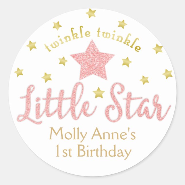Twinkle Twinkle Little Star 1st Birthday Pink Gold Classic Round Sticker (Front)