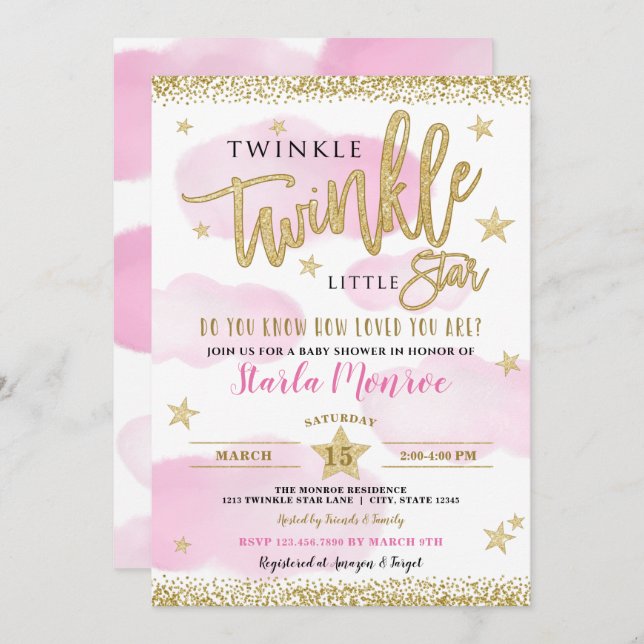 Twinkle Twinkle Little Star Baby Girl Shower Invitation (Front/Back)