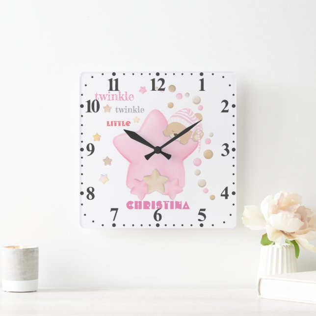 Twinkle Twinkle Little Star Baby Girl Teddy Bear Square Wall Clock (Home)