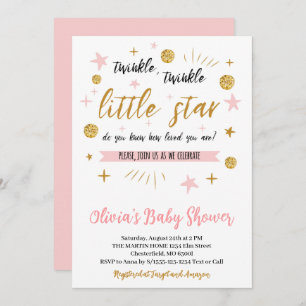 Twinkle Twinkle Little Star Baby Shower, Gold Pink Invitation