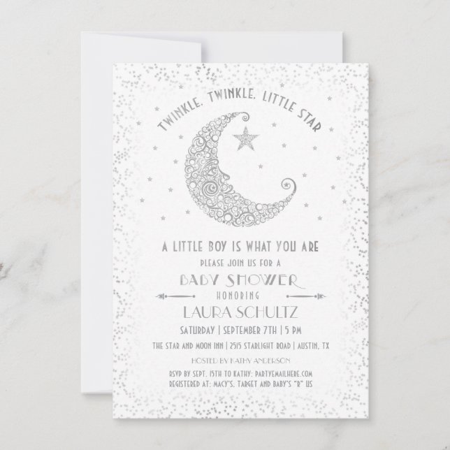 Twinkle Twinkle Little Star Baby Shower Silver Invitation (Front)