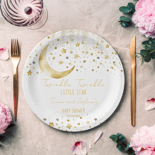 Twinkle twinkle little star baby shower template paper plate (Twinkle twinkle little star baby shower template paper plates personalized tableware white and gold)