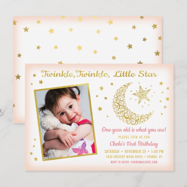 Twinkle, Twinkle, Little Star Birthday Girl Photo Invitation (Front/Back)