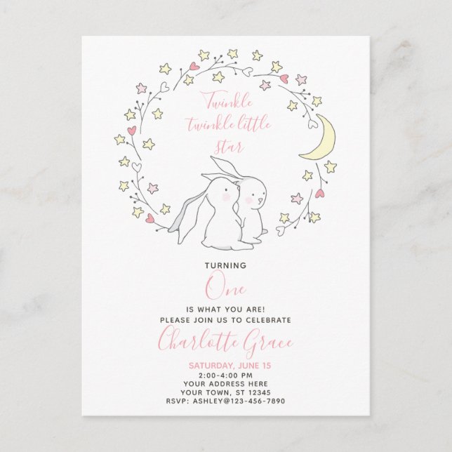 Twinkle Twinkle Little Star Bunny 1st Birthday Invitation Postcard (Front)