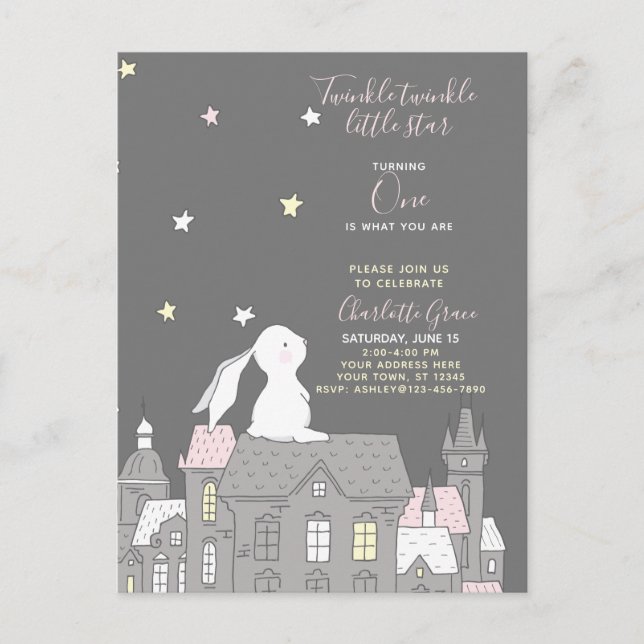 Twinkle Twinkle Little Star Bunny 1st Birthday Invitation Postcard (Front)
