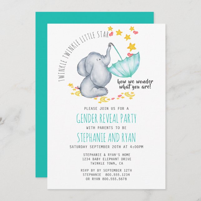 Twinkle Twinkle Little Star Elephant Gender Reveal Invitation (Front/Back)