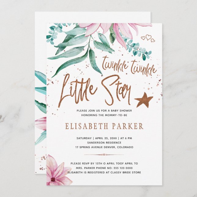 Twinkle twinkle little star floral baby shower invitation (Front/Back)