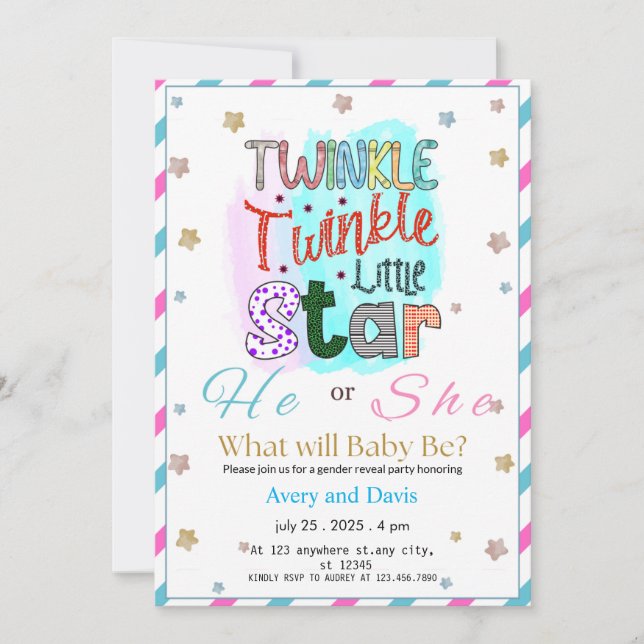 Twinkle Twinkle Little Star Gender Reveal  Invitation (Front)