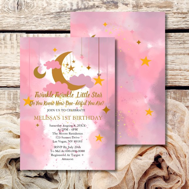 Twinkle Twinkle Little Star Girl First Birthday Invitation (Creator Uploaded)