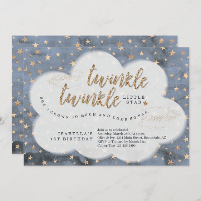 Twinkle Twinkle Little Star Girls First Birthday Invitation (Front/Back)