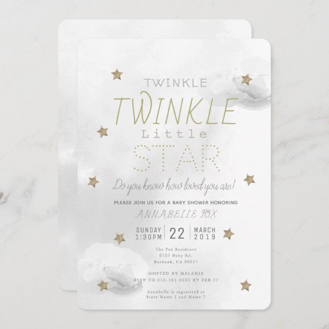 Twinkle Twinkle Little Star Grey Baby Shower Invitation (Front/Back)