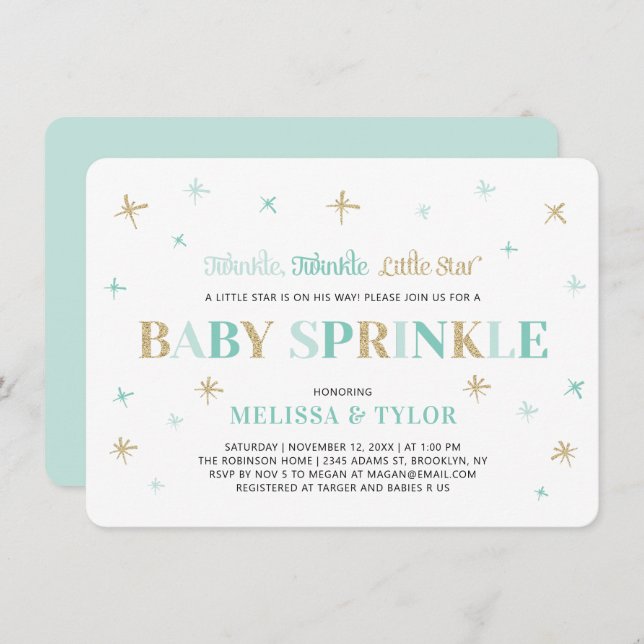 Twinkle Twinkle Little Star Mint Boy Baby Sprinkle Invitation (Front/Back)