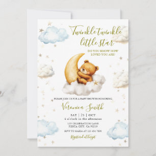 Twinkle Twinkle Little Star Moon Bear Baby Shower Invitation