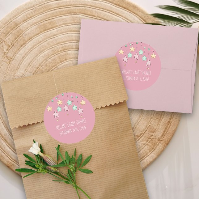 Twinkle Twinkle Little Star Pink Baby Shower Classic Round Sticker (Pink Stickers from my Twinkle Twinkle baby shower collection)