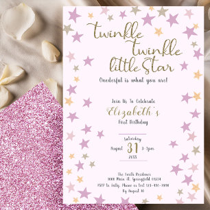 Twinkle Twinkle Little Star Pink Girl 1st Birthday Invitation