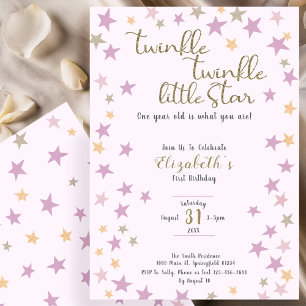 Twinkle Twinkle Little Star Pink Girl 1st Birthday Invitation