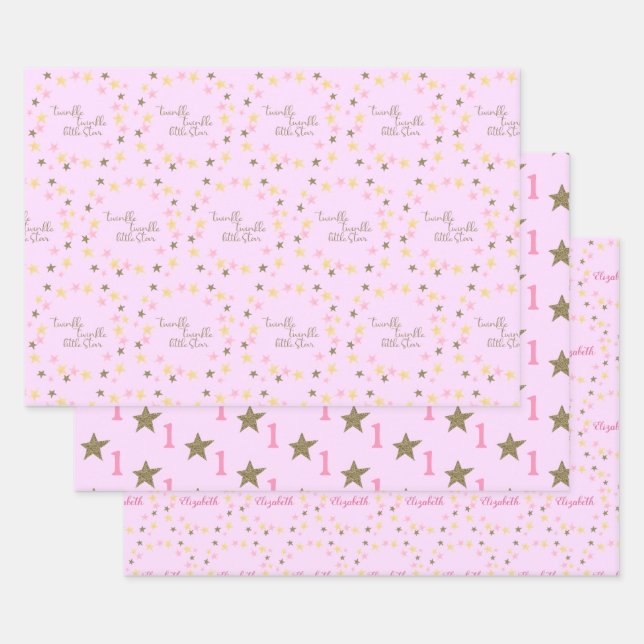 Twinkle Twinkle Little Star Pink Girl's Birthday Wrapping Paper Sheet (Set)