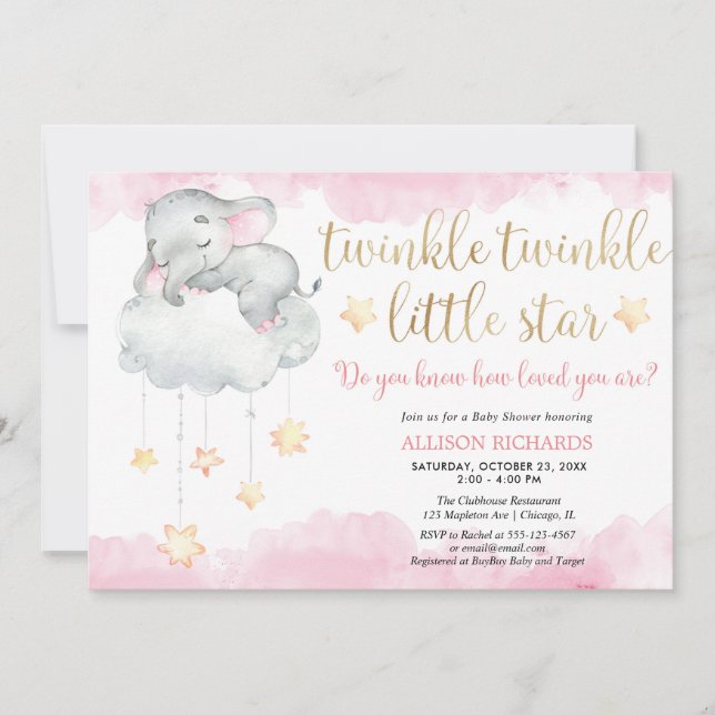 Twinkle twinkle little star pink gold baby shower invitation (Front)