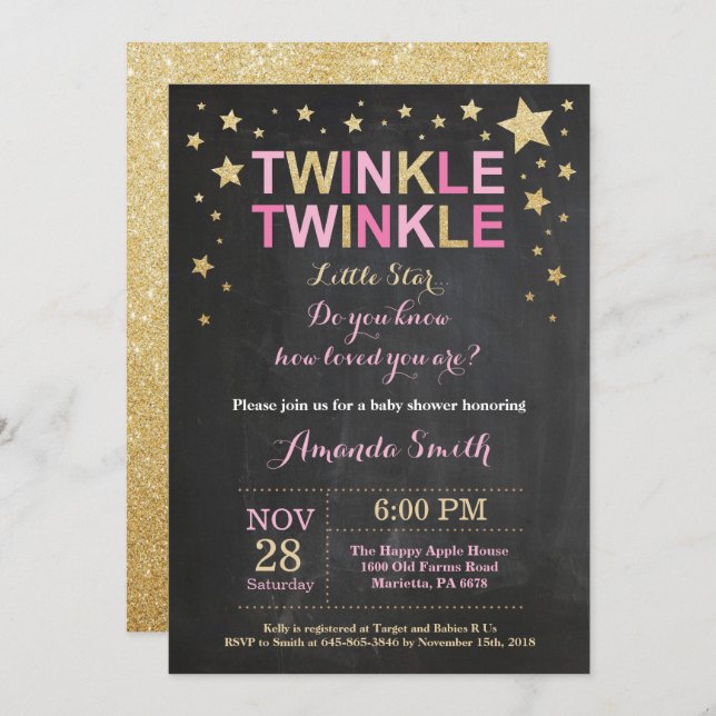 Twinkle Twinkle Little Star Pink Gold Baby Shower Invitation (Front/Back)