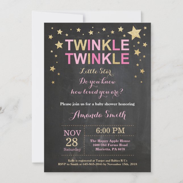 Twinkle Twinkle Little Star Pink Gold Baby Shower Invitation (Front)