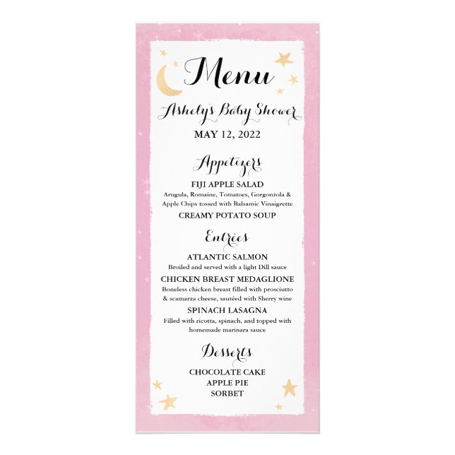 Twinkle Twinkle Little Star Pink Menu Card (Front)