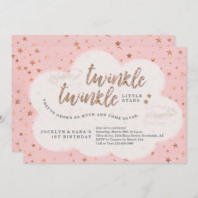 Twinkle Twinkle Little Star Twin Girl 1st Birthday Invitation (Front/Back)