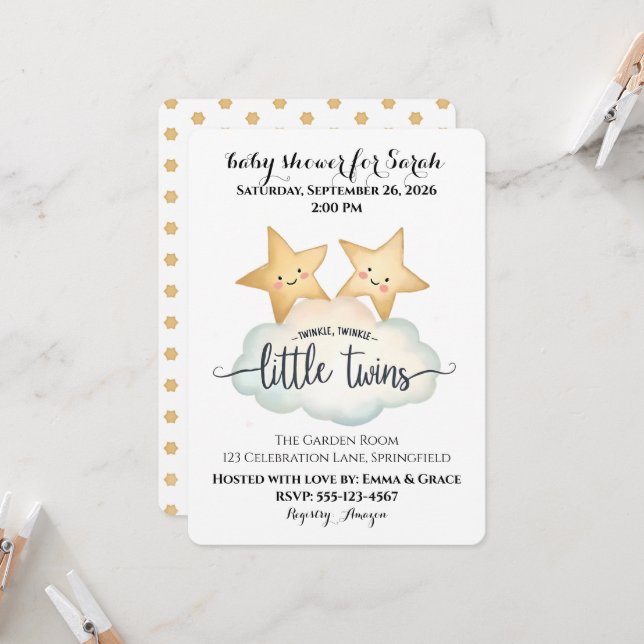 Twinkle, Twinkle Little Twins Baby Shower Invitation (Front/Back In Situ)