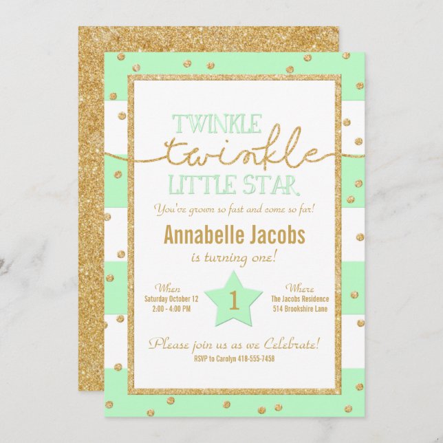 Twinkle Twinkle Mint and Gold Birthday Invitation (Front/Back)