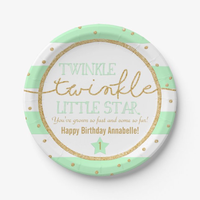 Twinkle Twinkle Mint and Gold Birthday Plates (Front)