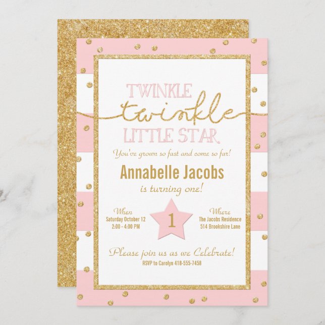 Twinkle Twinkle Pink and Gold Birthday Invitation (Front/Back)